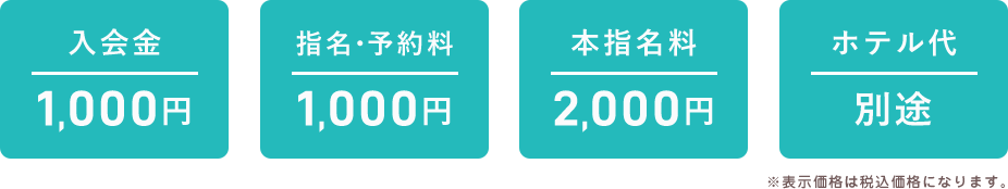 入会金 1,000円 指名料 1,000円 本指名料 2,000円 ホテル代 別途　※表示価格は税込価格になります。